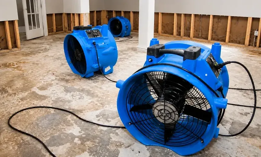 Air movers positioned across a water-damaged floor inside a home