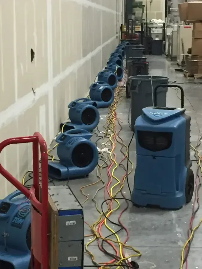 Drying equipment arranged along a hallway with lower wall finishes removed