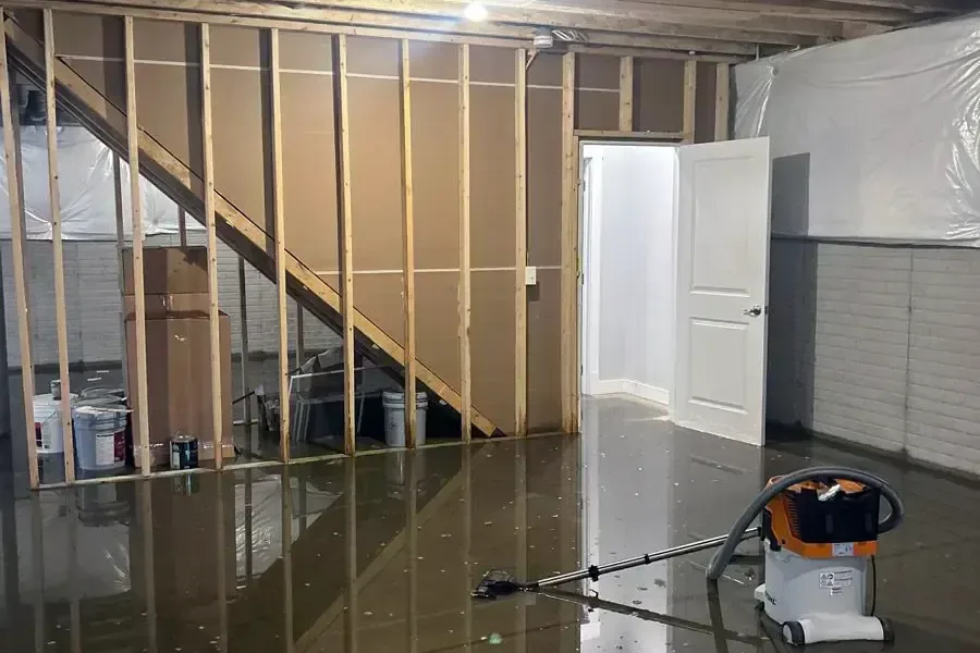 A wet vacuum removing standing water from a basement with open stud walls