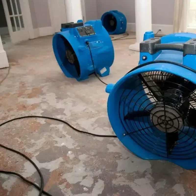 Blue air movers stand across an exposed floor during an interior drying project