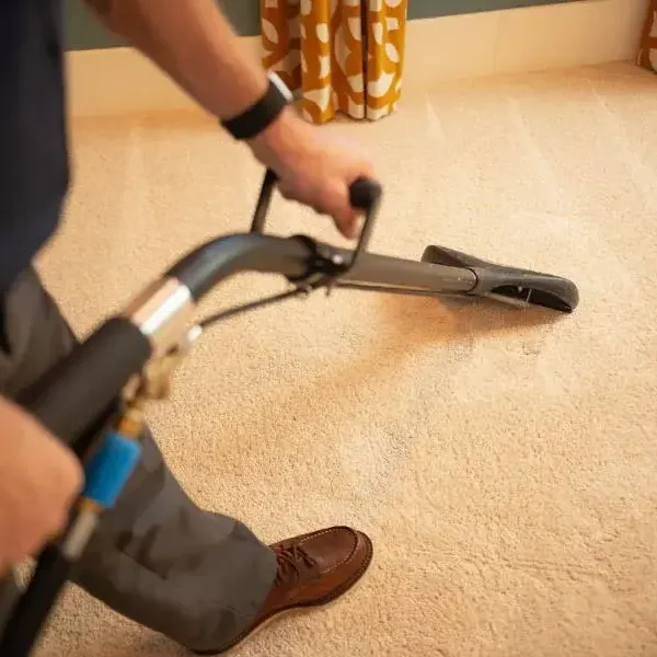 A carpet extraction wand draws water from damp beige carpeting inside a room