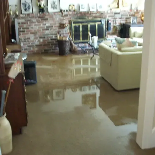 Standing water covers a family room floor in front of a brick fireplace