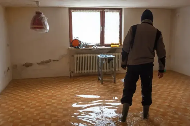 Standing water covering a lower room before basement water removal