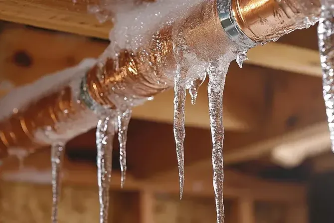 Ice coats a copper pipe with long icicles hanging beneath it