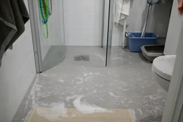 Overflow water covering the bathroom floor around a toilet and shower