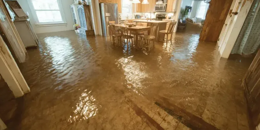 Standing water covering the floor inside a flooded home