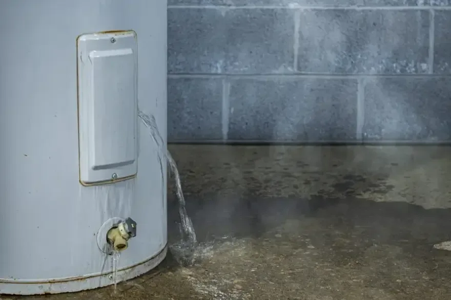 Water escaping from a tank heater across a basement floor